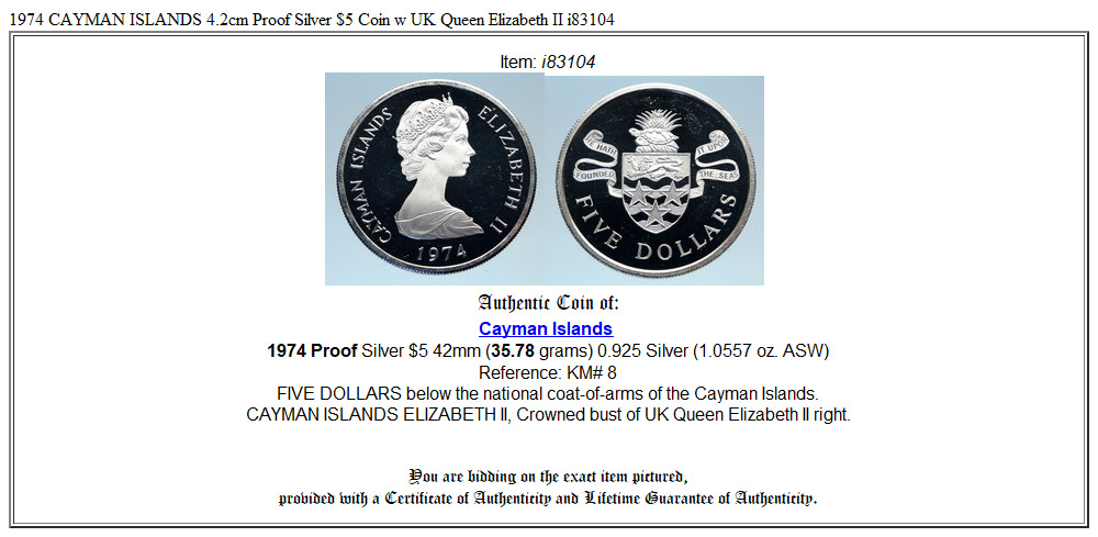 1974 CAYMAN ISLANDS 4.2cm Proof Silver $5 Coin w UK Queen Elizabeth II i83104