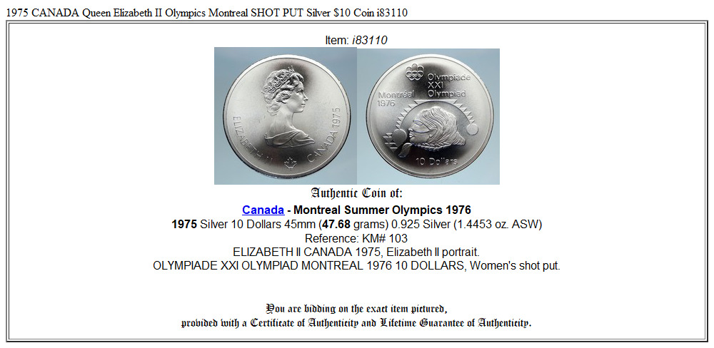 1975 CANADA Queen Elizabeth II Olympics Montreal SHOT PUT Silver $10 Coin i83110