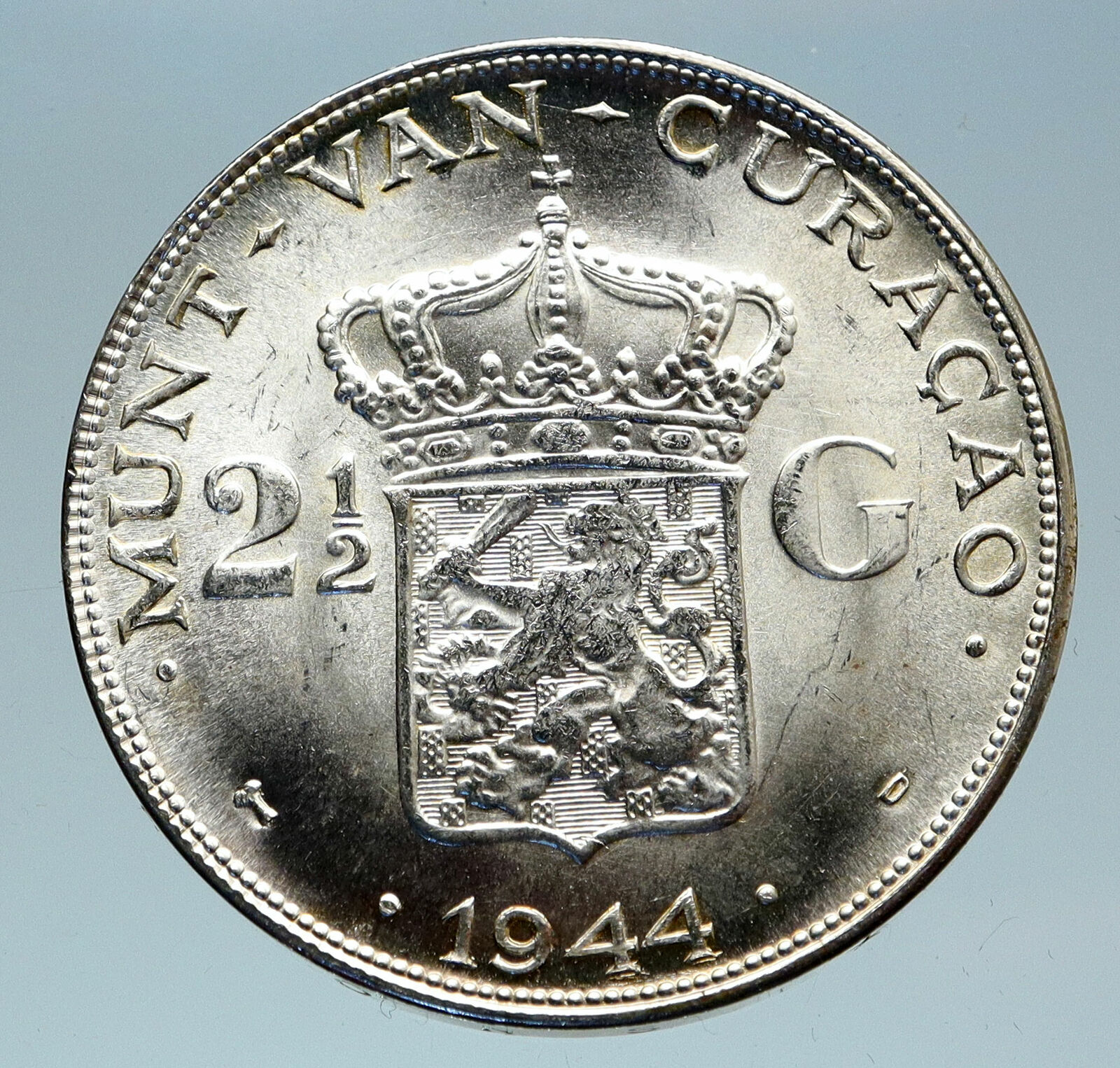 1944 CURACAO Netherlands Kingdom Queen WILHELMINA Silver 2.5 Gulden Coin i83067