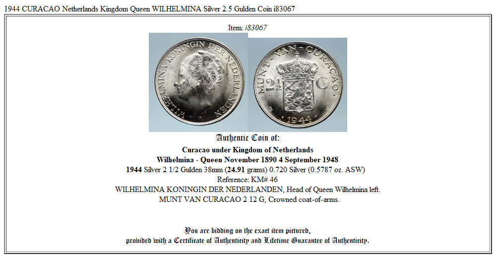 1944 CURACAO Netherlands Kingdom Queen WILHELMINA Silver 2.5 Gulden Coin i83067