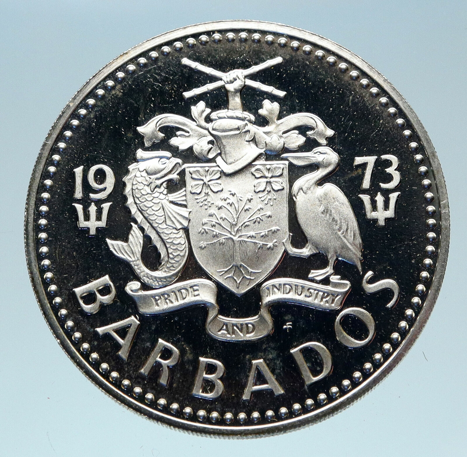 1973 BARBADOS Proof Arms Fountain Trafalgar Antique Silver 5 Dollars Coin i83082