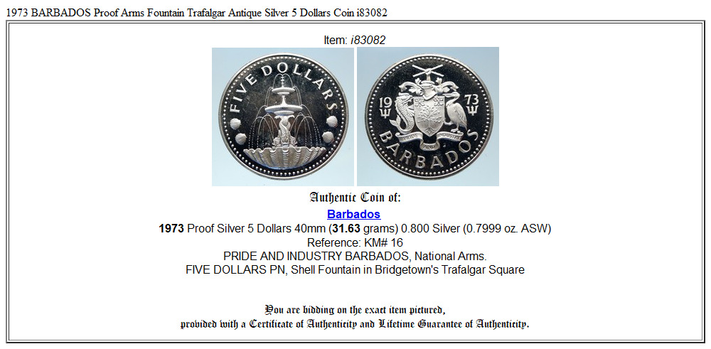 1973 BARBADOS Proof Arms Fountain Trafalgar Antique Silver 5 Dollars Coin i83082