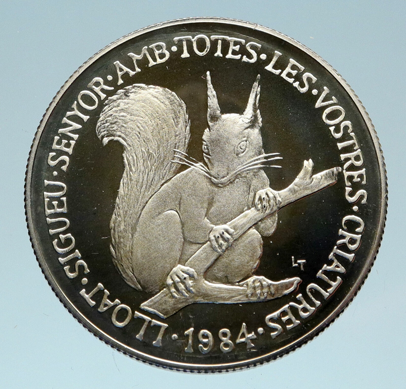 1984 ANDORRA Wildlife Red Squirrel Antique Proof Silver 20 Diners Coin i83114