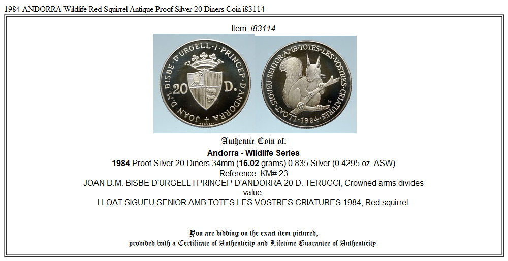 1984 ANDORRA Wildlife Red Squirrel Antique Proof Silver 20 Diners Coin i83114