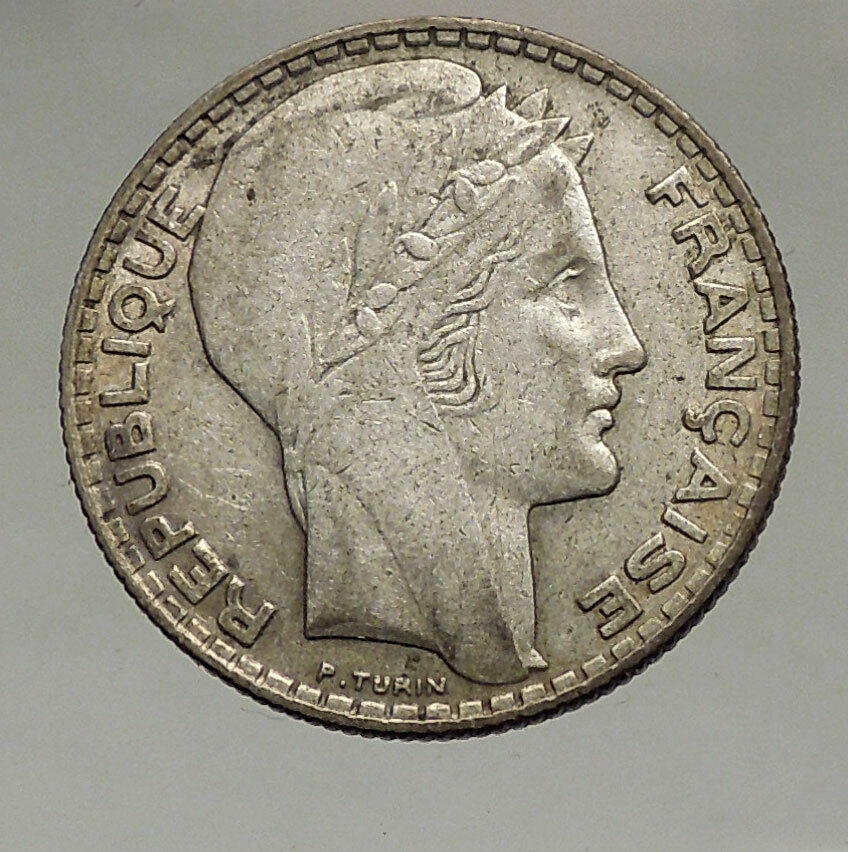 1932 FRANCE w Marianne FRENCH MOTTO Antique Genuine Silver 10 Francs Coin i57066