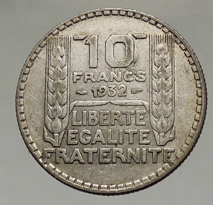 1932 FRANCE w Marianne FRENCH MOTTO Antique Genuine Silver 10 Francs Coin i57066