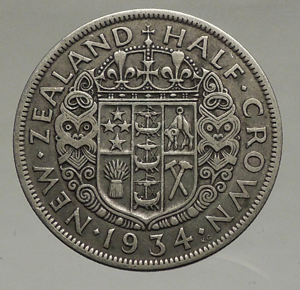 1934 NEW ZEALAND UK King George V Genuine Antique Silver Half Crown Coin i56644