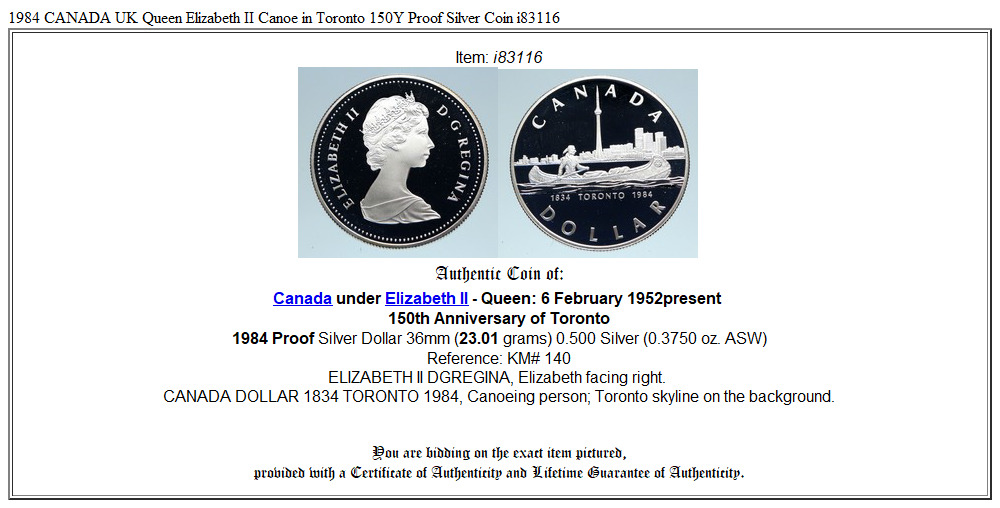 1984 CANADA UK Queen Elizabeth II Canoe in Toronto 150Y Proof Silver Coin i83116