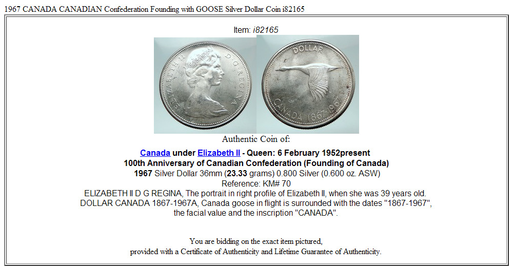 1967 CANADA CANADIAN Confederation Founding with GOOSE Silver Dollar Coin i82165