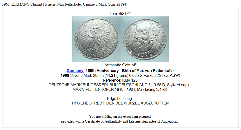 1968 GERMANY Chemist Hygienist Max Pettenkofer Genuine 5 Mark Coin i82184