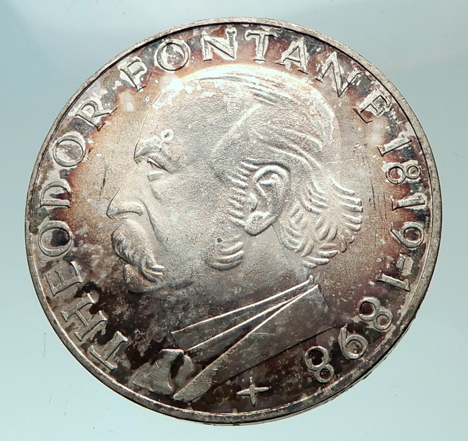 1969G GERMANY Theodore Fontane Antique Genuine Proof Silver 5 Mark Coin i82242