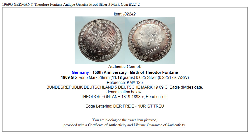 1969G GERMANY Theodore Fontane Antique Genuine Proof Silver 5 Mark Coin i82242