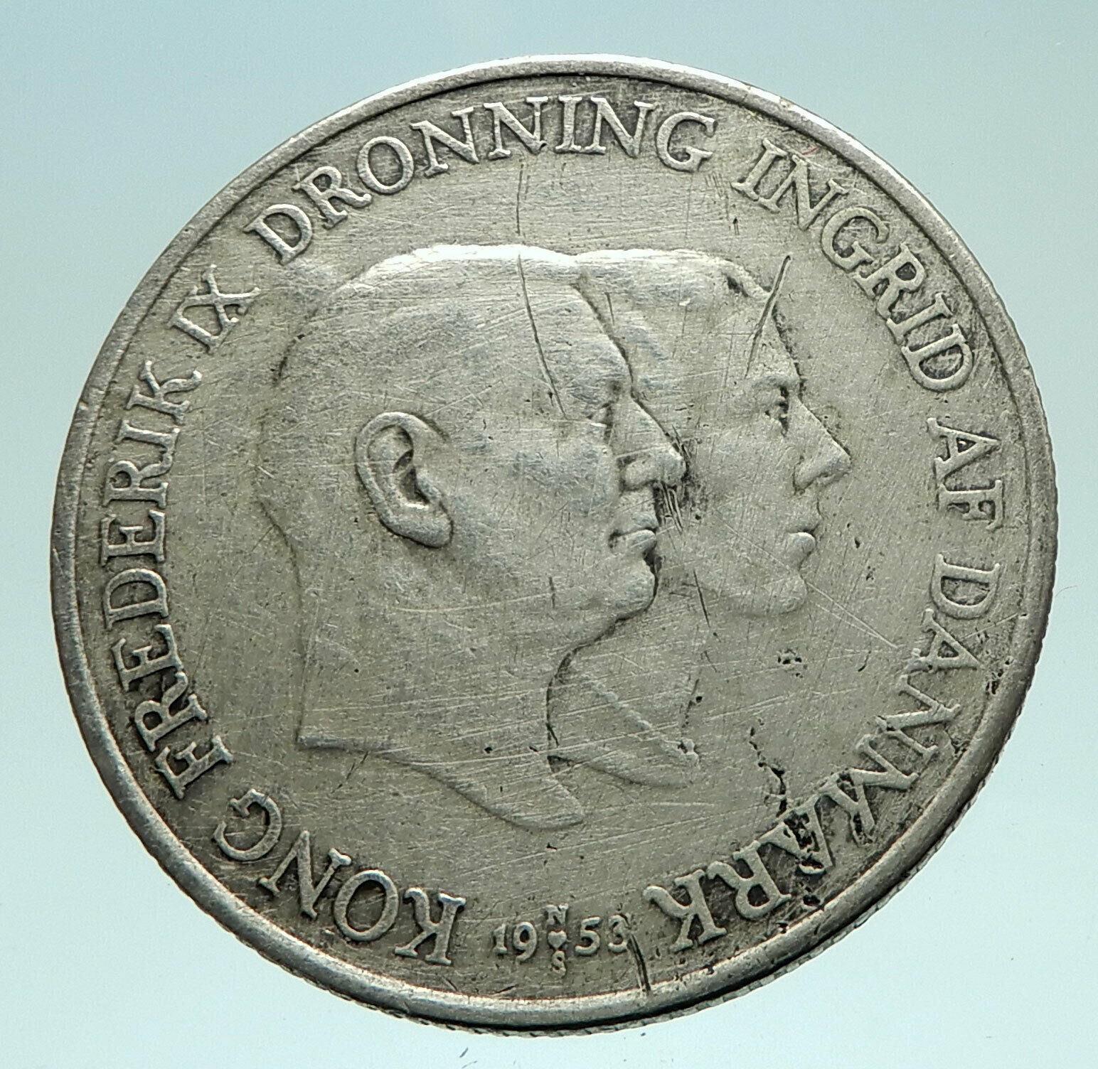 1953 DENMARK King Frederick IX & Queen Ingrid Silver GREENLAND MAP Coin i76032