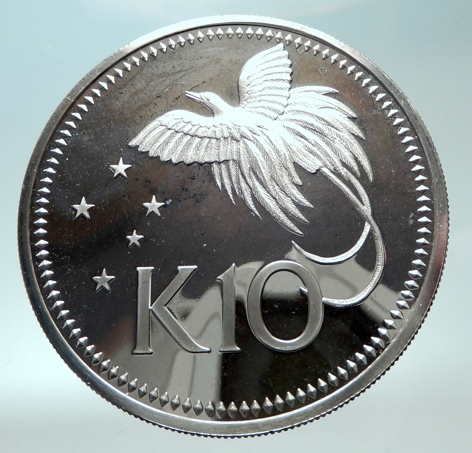 1980 PAPUA NEW GUINEA Large 4.5CM Exotic Bird Proof Silver 10 Kina Coin i82280