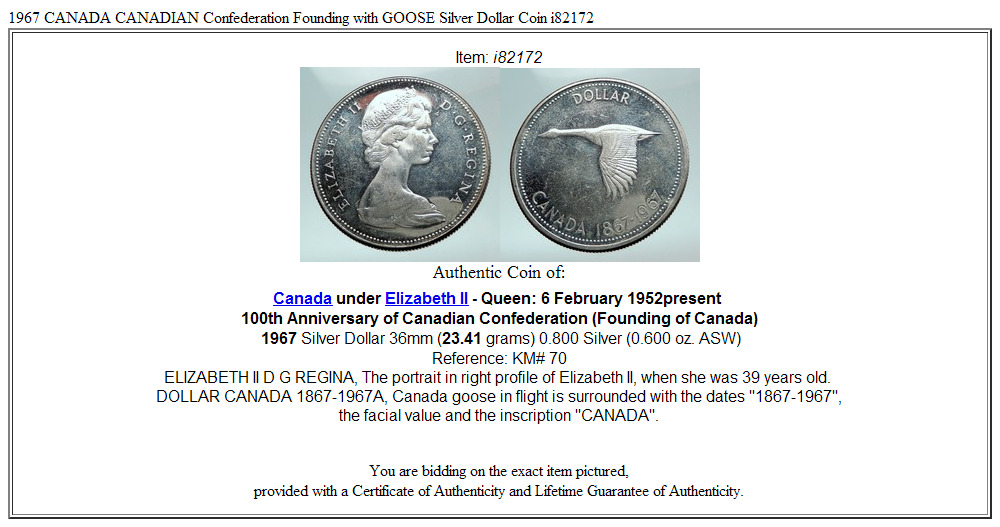 1967 CANADA CANADIAN Confederation Founding with GOOSE Silver Dollar Coin i82172