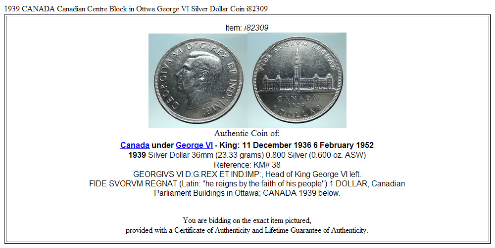 1939 CANADA Canadian Centre Block in Ottwa George VI Silver Dollar Coin i82309