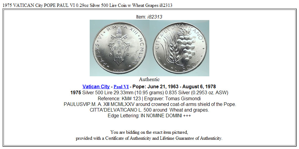 1975 VATICAN City POPE PAUL VI 0.29oz Silver 500 Lire Coin w Wheat Grapes i82313