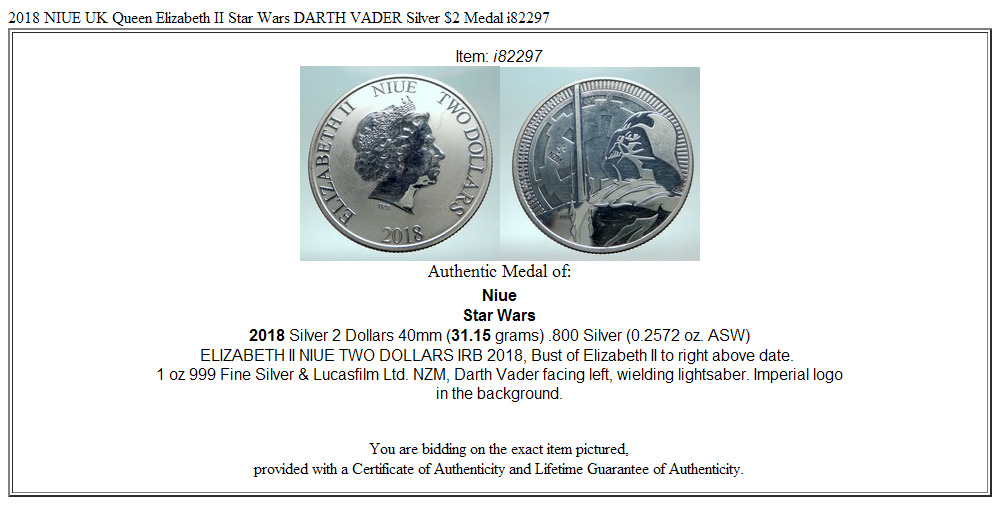 2018 NIUE UK Queen Elizabeth II Star Wars DARTH VADER Silver $2 Medal i82297