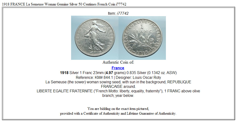 1918 FRANCE La Semeuse Woman Genuine VINTAGE Silver 1 Franc French Coin i77742