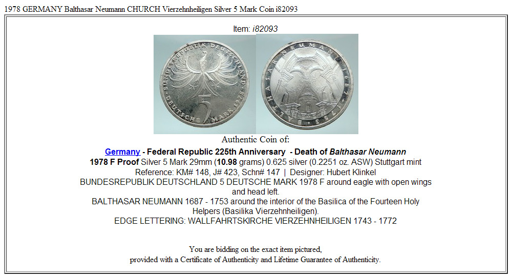 1978 GERMANY Balthasar Neumann CHURCH Vierzehnheiligen Silver 5 Mark Coin i82093