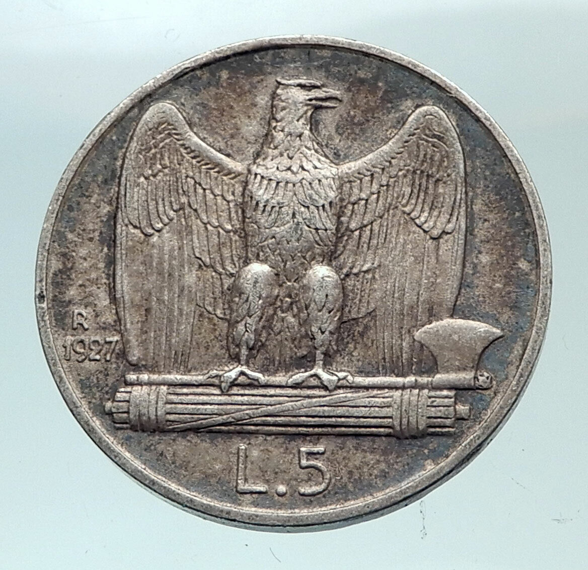 1927 ITALY King Victor Emmanuel III Silver 5 Lire Italian Coin w EAGLE i82092