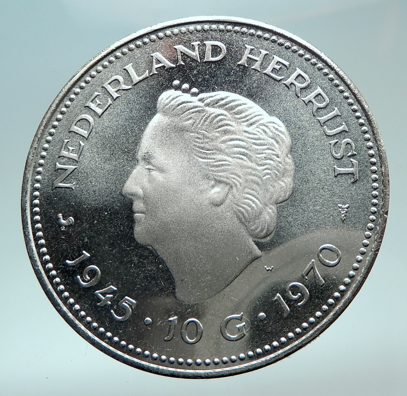 1970 Netherlands Kingdom Queen JULIANA WILHELMINA Silver 10 Gulden Coin i82418