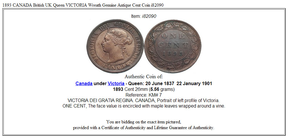 1893 CANADA British UK Queen VICTORIA Wreath Genuine Antique Cent Coin i82090