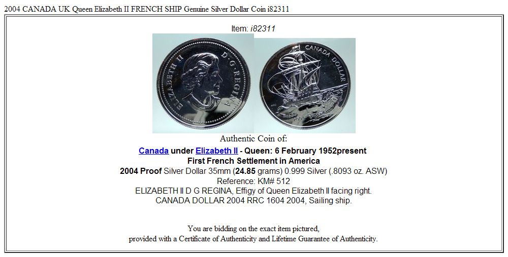 2004 CANADA UK Queen Elizabeth II FRENCH SHIP Genuine Silver Dollar Coin i82311