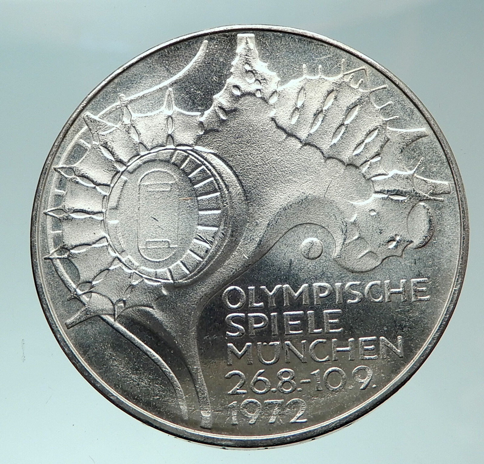 1972 Germany Munich Summer Olympics Stadium Genuine 10 Mark Silver Coin i82403