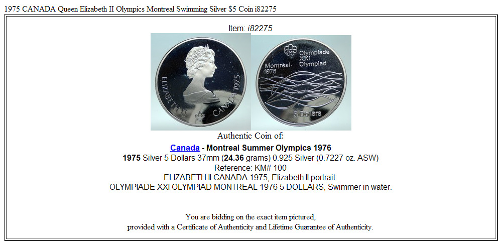 1975 CANADA Queen Elizabeth II Olympics Montreal Swimming Silver $5 Coin i82275