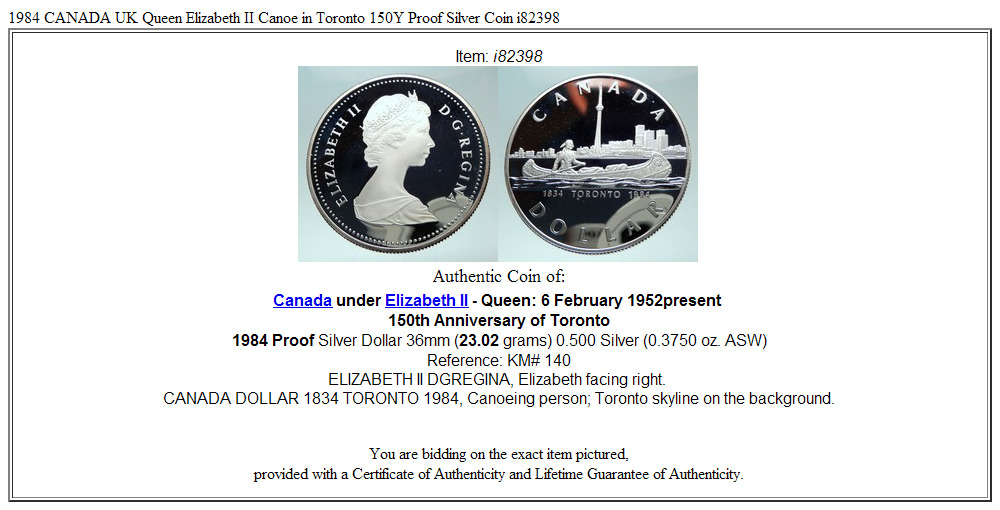 1984 CANADA UK Queen Elizabeth II Canoe in Toronto 150Y Proof Silver Coin i82398