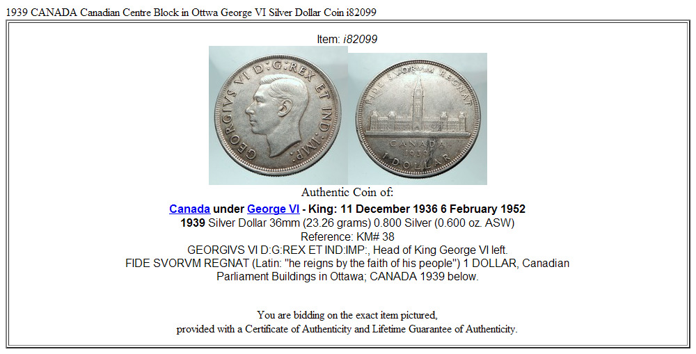 1939 CANADA Canadian Centre Block in Ottwa George VI Silver Dollar Coin i82099