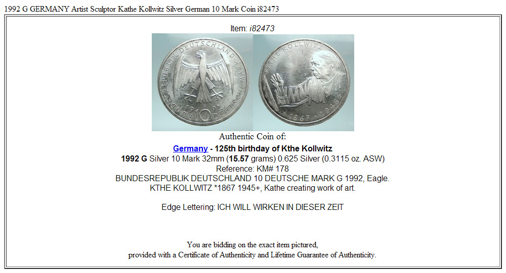 1992 G GERMANY Artist Sculptor Kathe Kollwitz Silver German 10 Mark Coin i82473