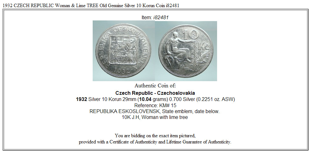 1932 CZECH REPUBLIC Woman & Lime TREE Old Genuine Silver 10 Korun Coin i82481