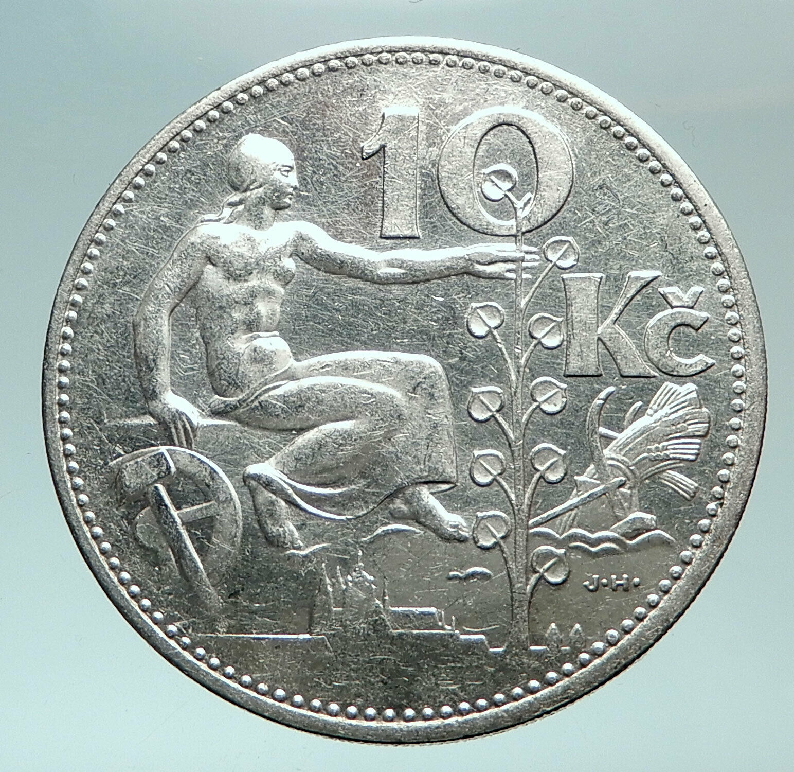 1932 CZECH REPUBLIC Woman & Lime TREE Old Genuine Silver 10 Korun Coin i82482