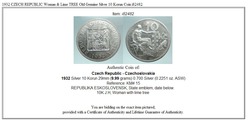 1932 CZECH REPUBLIC Woman & Lime TREE Old Genuine Silver 10 Korun Coin i82482