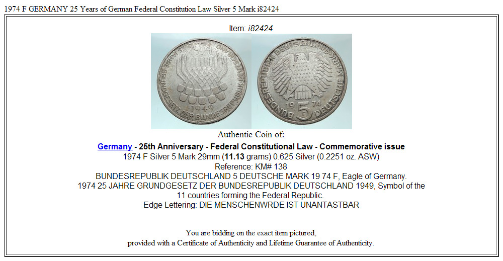 1974 F GERMANY 25 Years of German Federal Constitution Law Silver 5 Mark i82424