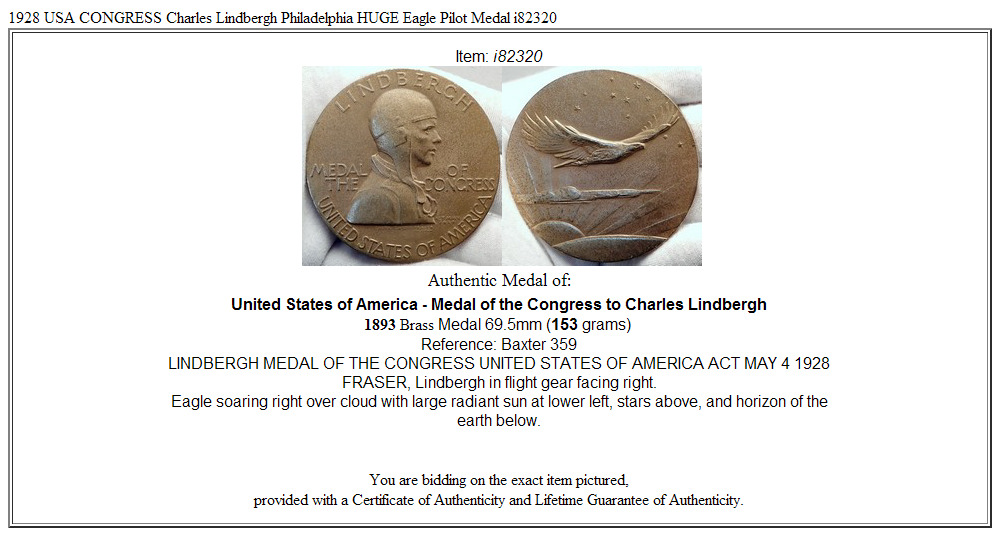 1928 USA CONGRESS Charles Lindbergh Philadelphia HUGE Eagle Pilot Medal i82320