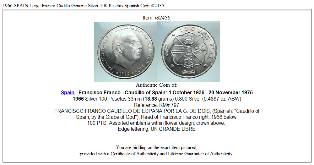 1966 SPAIN Large Franco Cadillo Genuine Silver 100 Pesetas Spanish Coin i82435