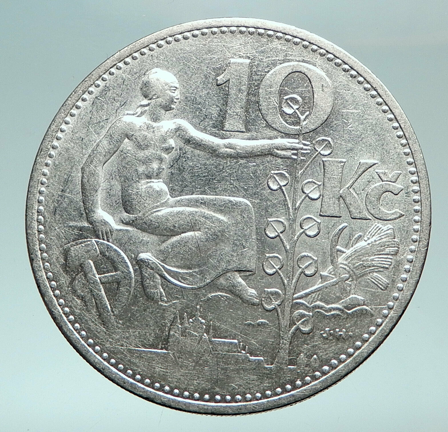 1930 CZECH REPUBLIC Woman & Lime TREE Old Genuine Silver 10 Korun Coin i82475