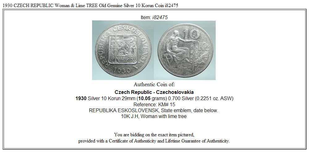 1930 CZECH REPUBLIC Woman & Lime TREE Old Genuine Silver 10 Korun Coin i82475