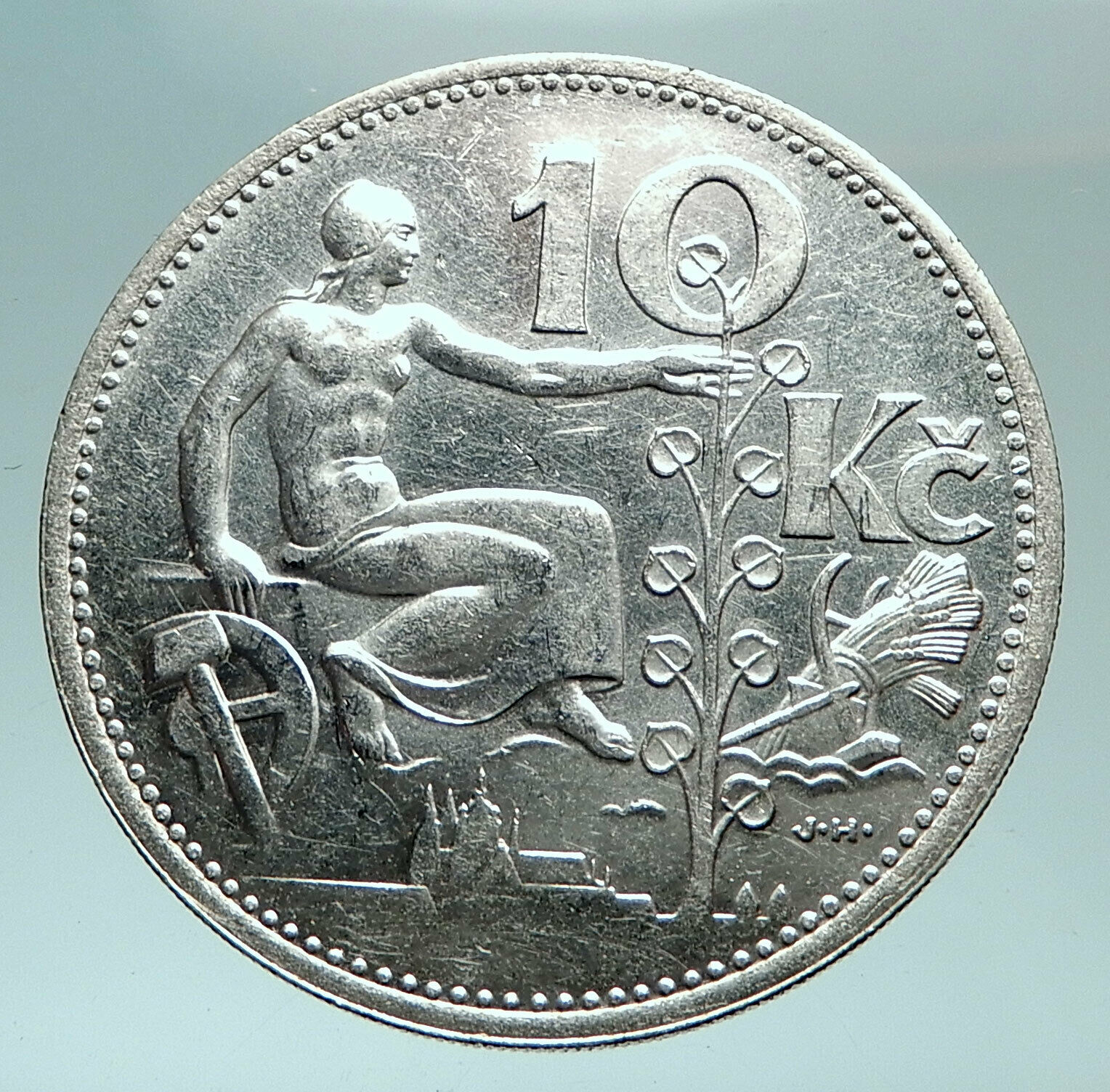 1932 CZECH REPUBLIC Woman & Lime TREE Old Genuine Silver 10 Korun Coin i82479