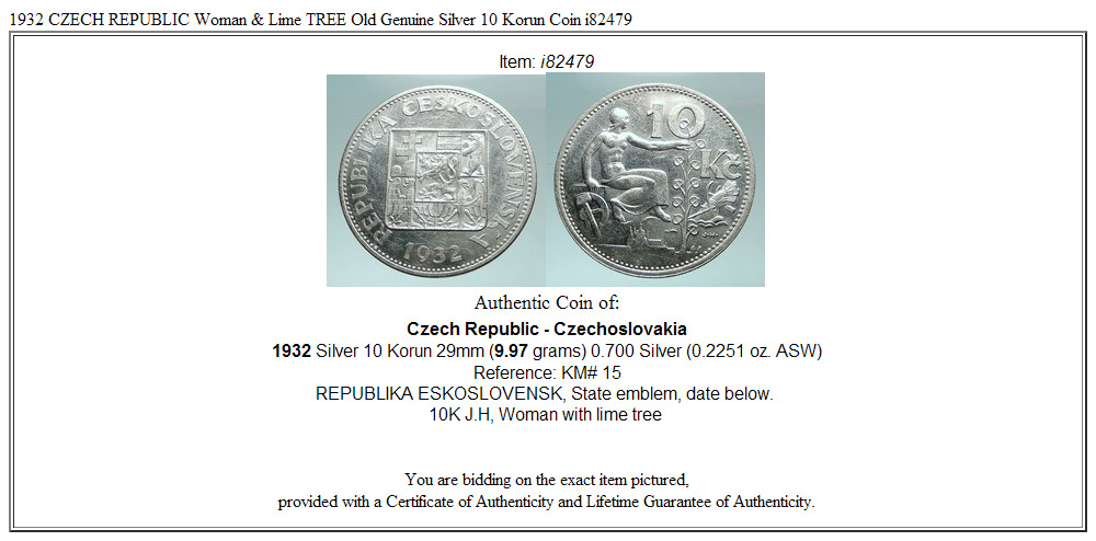 1932 CZECH REPUBLIC Woman & Lime TREE Old Genuine Silver 10 Korun Coin i82479