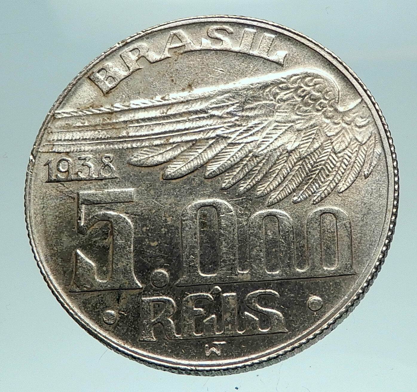 1938 BRAZIL Alberto Santos Dumont AVIATION Antique Silver 5000 Reis Coin i82521
