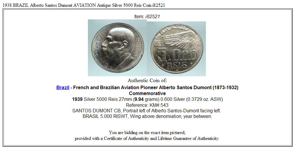 1938 BRAZIL Alberto Santos Dumont AVIATION Antique Silver 5000 Reis Coin i82521