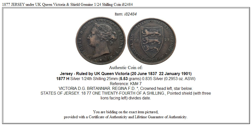 1877 JERSEY under UK Queen Victoria & Shield Genuine 1/24 Shilling Coin i82484