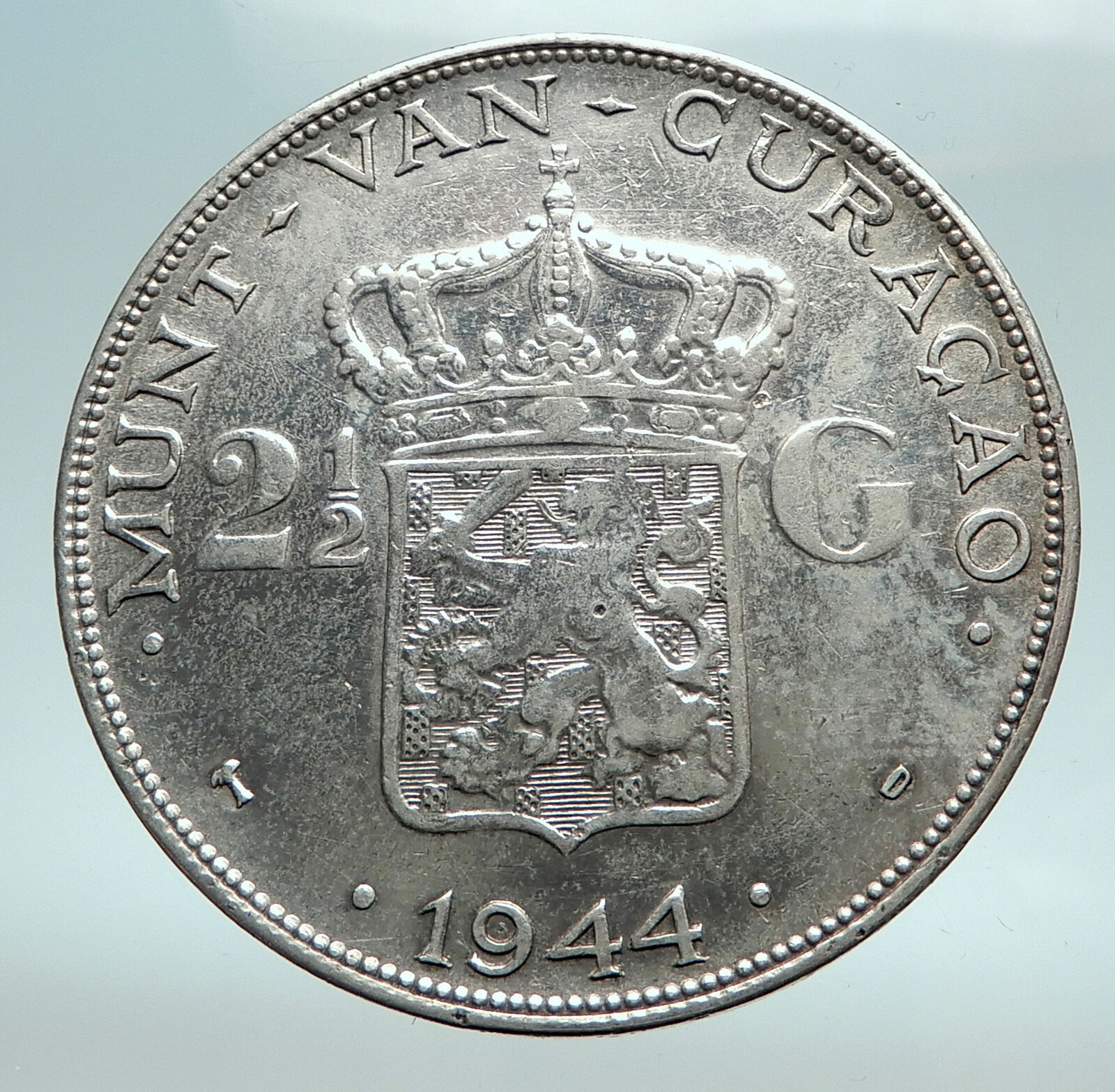 1944 CURACAO Netherlands Kingdom Queen WILHELMINA Silver 2.5 Gulden Coin i82492