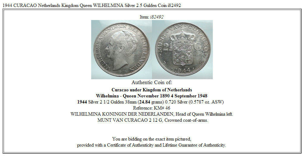 1944 CURACAO Netherlands Kingdom Queen WILHELMINA Silver 2.5 Gulden Coin i82492