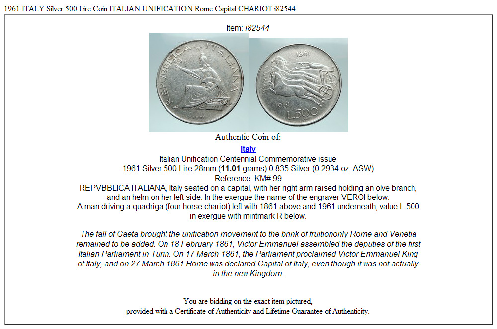 1961 ITALY Silver 500 Lire Coin ITALIAN UNIFICATION Rome Capital CHARIOT i82544