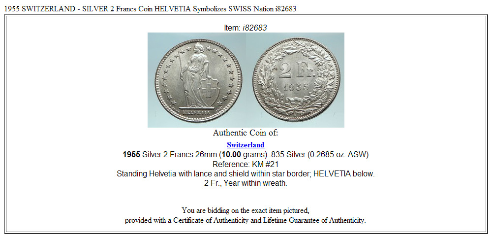 1955 SWITZERLAND - SILVER 2 Francs Coin HELVETIA Symbolizes SWISS Nation i82683